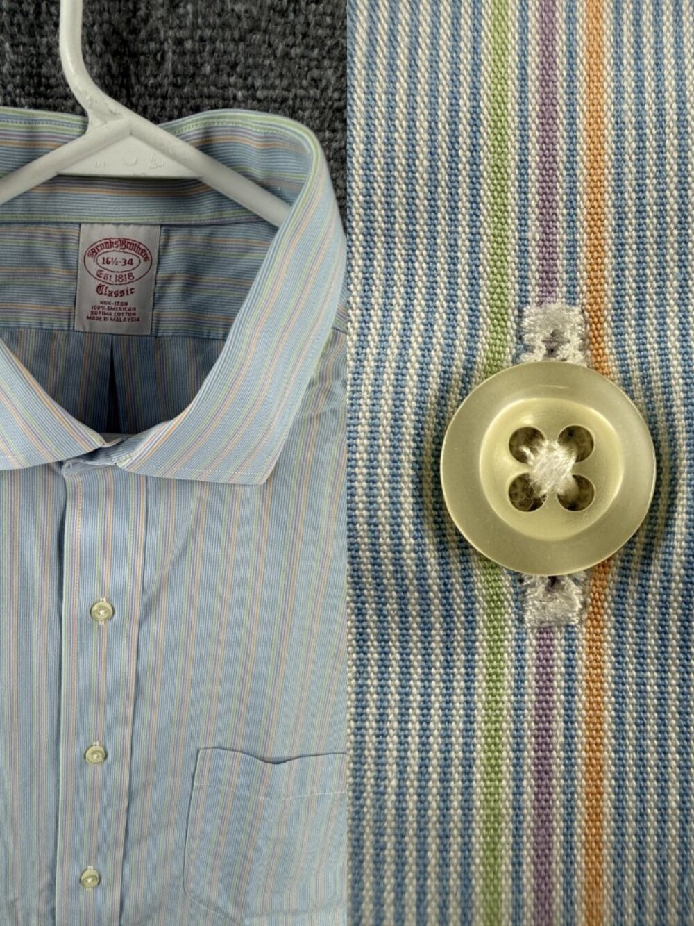 Brooks Brothers Blue Yellow Classic 16.5 34 Non-Iron Striped Cotton Men Shirt